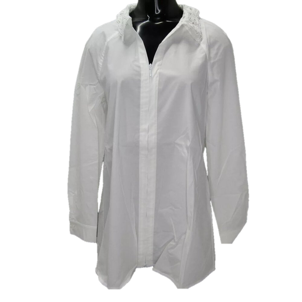 NEW ANNE FOUNTAINE Shirt White Size 6-8 Basque Classic Long Sleeve Lace Collar